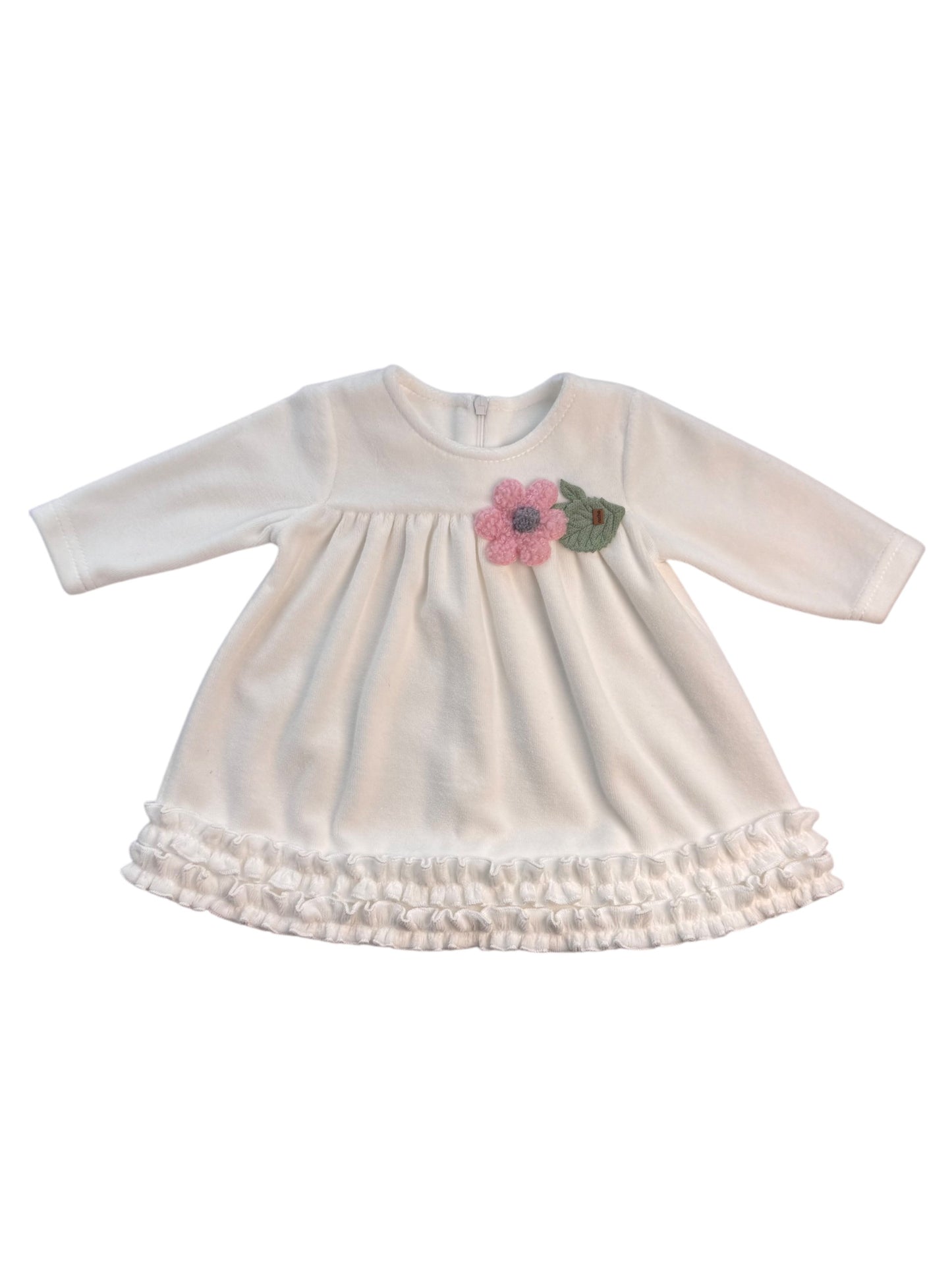 Wit Baby Jurkje Meisje – Bloemen Applicatie & Ruches – Zachte Winterstof