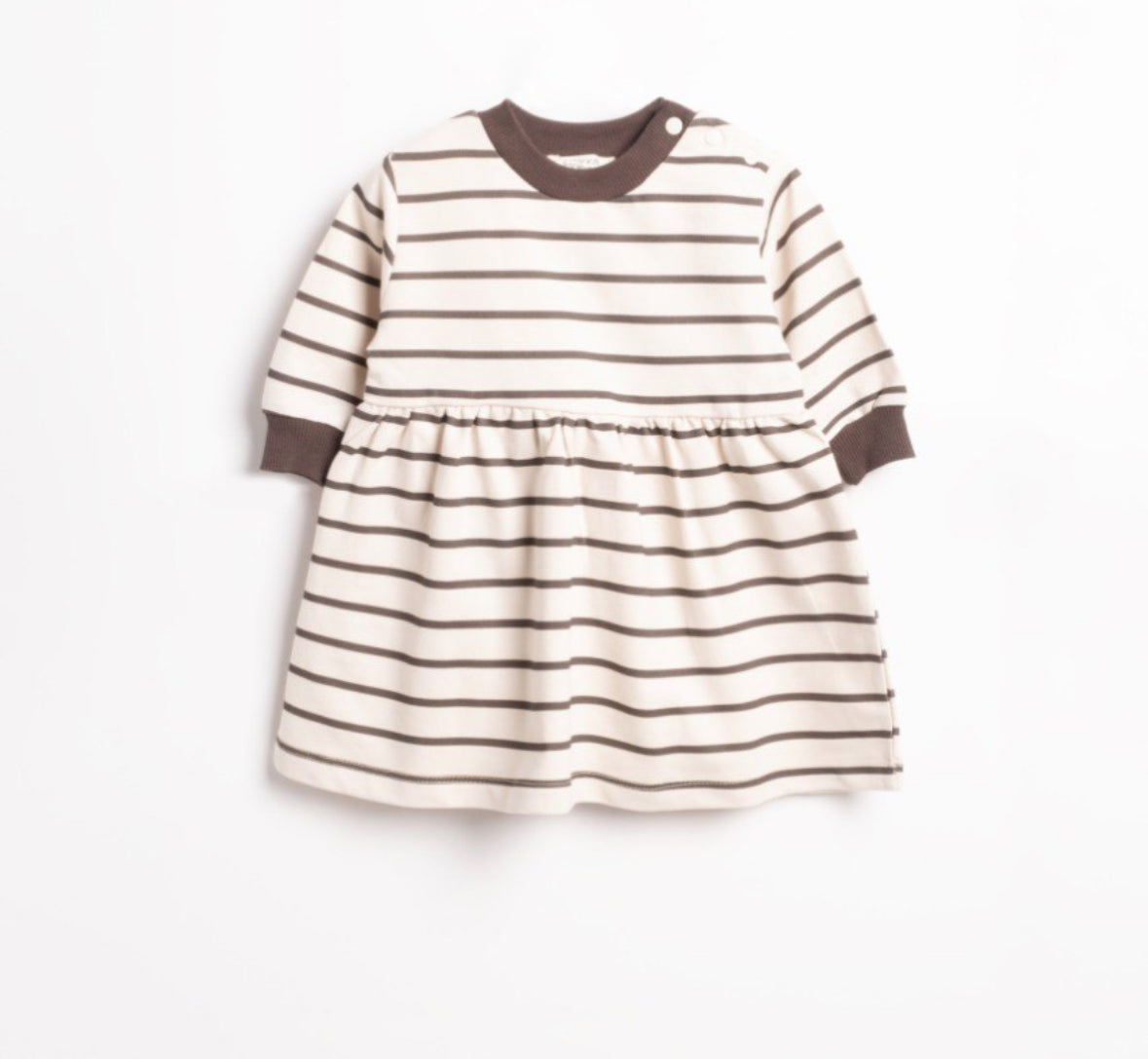 Beige - Grijs - zwart gestreepte babyjurk met lange mouwen en rib - gebreide halsboord