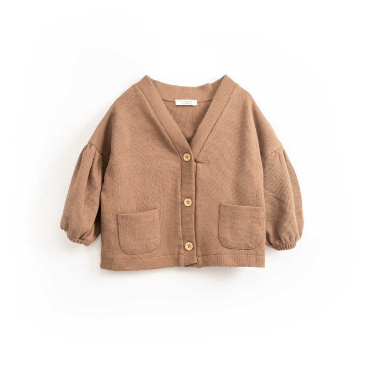 Gebreide babyvest met knopen en zakken – beige/bruin