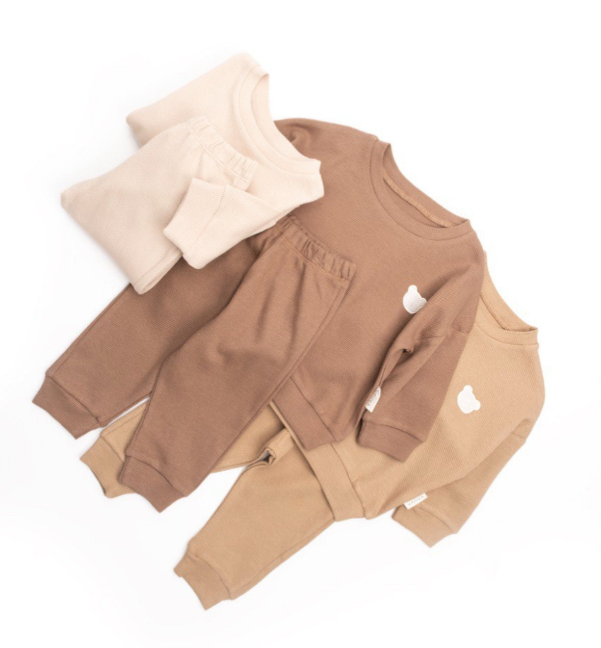 Baby- Kinder waffle set , donker beige - 2 delig Set