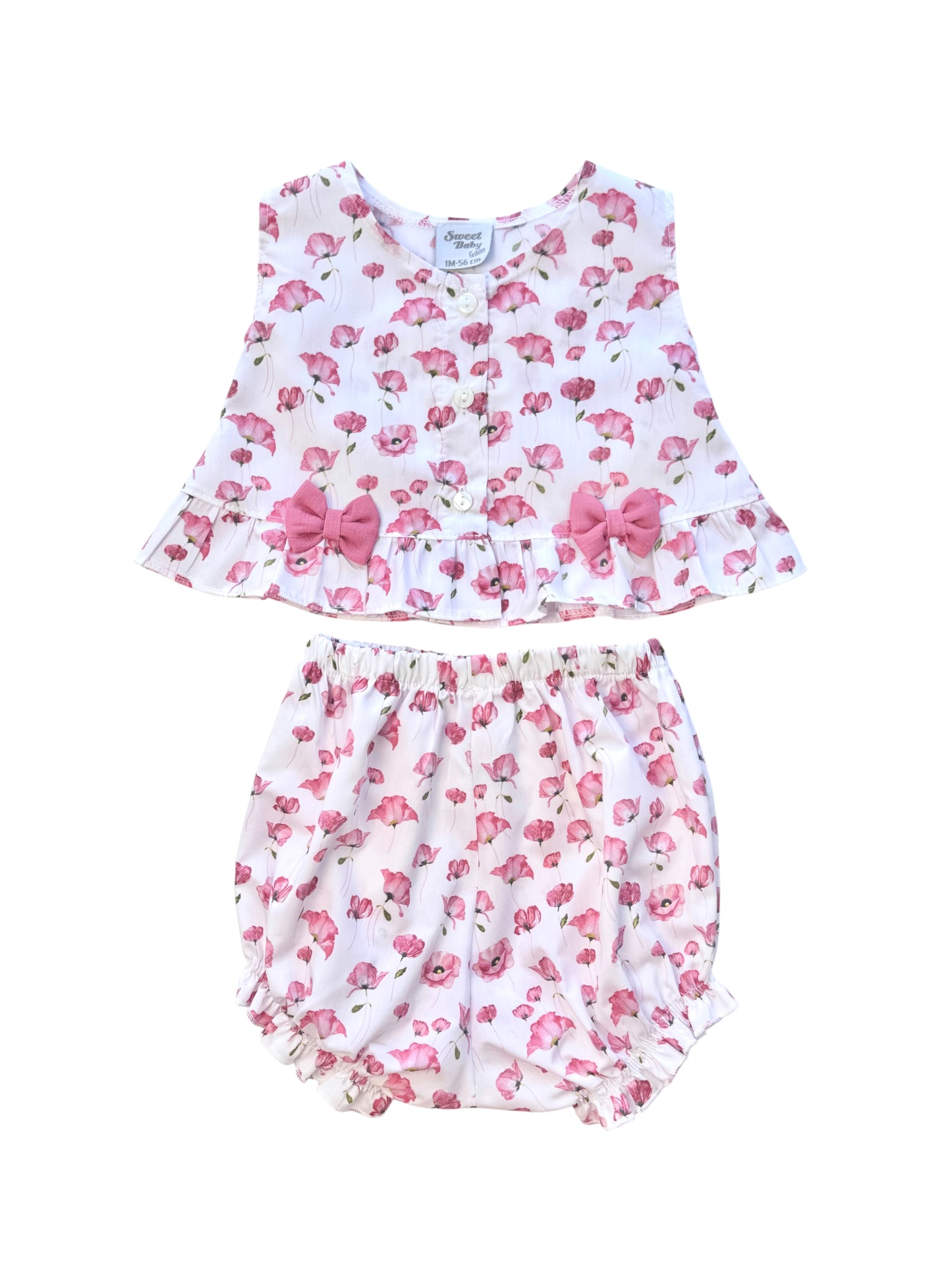 Baby Meisjes Zomer Set met Bloemenprint – Roze 2-delige Outfit met Top en Bloomer