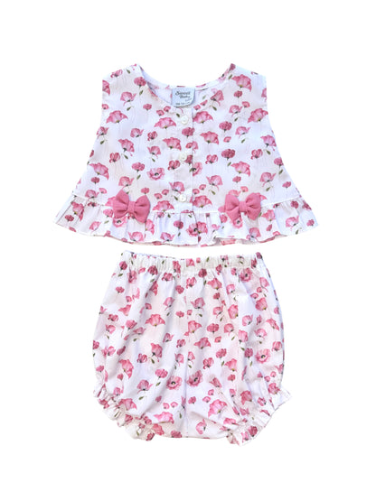 Baby Meisjes Zomer Set met Bloemenprint – Roze 2-delige Outfit met Top en Bloomer