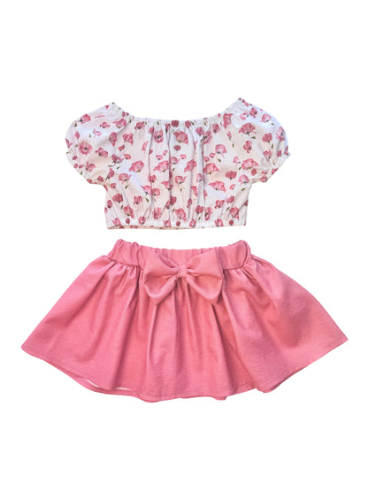 Meisjes Zomer Set met Bloemen Top en Roze Rok – 2-delige Kinder Outfit