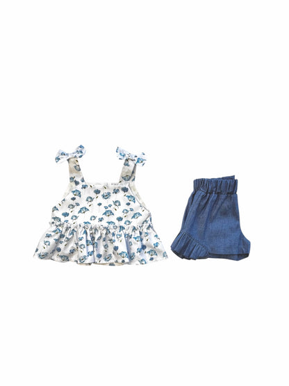 Zomerse Meisjes Set – Bloemen Top met Strikbandjes & Denim Short