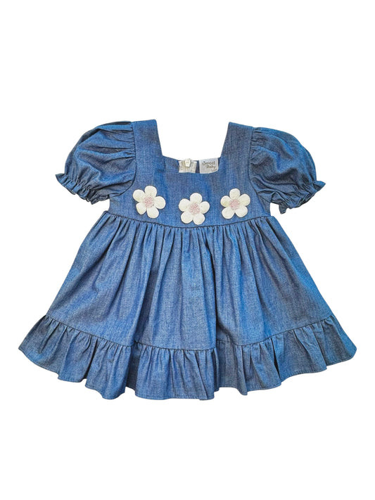 Baby Denim Jurk met Bloemen – Meisjes Jurkje met Pofmouwen en Ruches