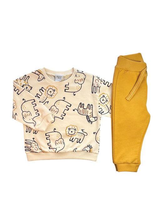 Baby & Peuter Joggingpak Jungle Dieren – 2-Delig Set – Leeuw, Giraf & Dierenvriendjes – Zacht Katoen – 6-24 Maanden