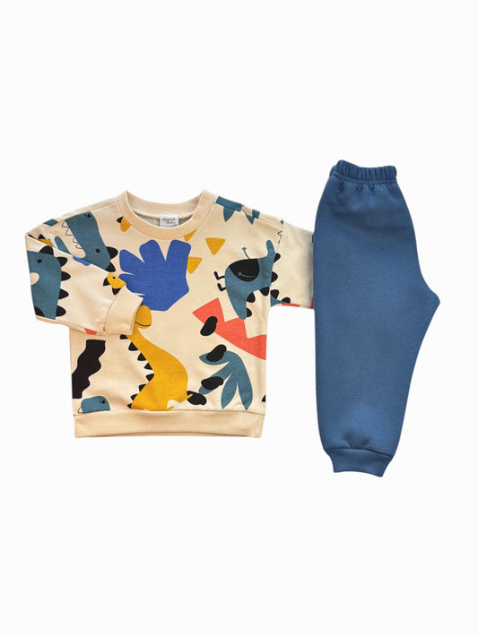 Baby & Peuter Joggingpak met Dino Print – 2-Delig Set – Sweater + Broek – Zacht Katoen – Unisex Kleding 6-24 Maanden
