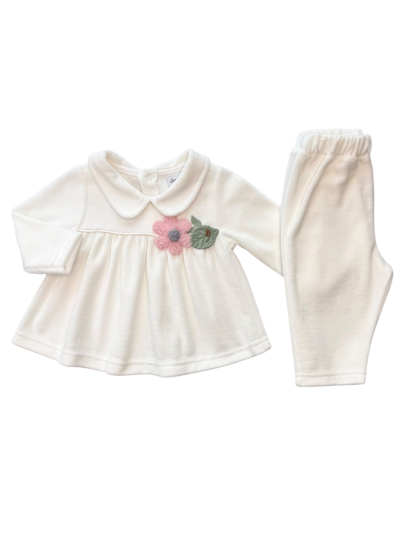 Baby Setje Meisje – 2-delig – Zacht Fluwelen Stof – Bloemen Details – Wit