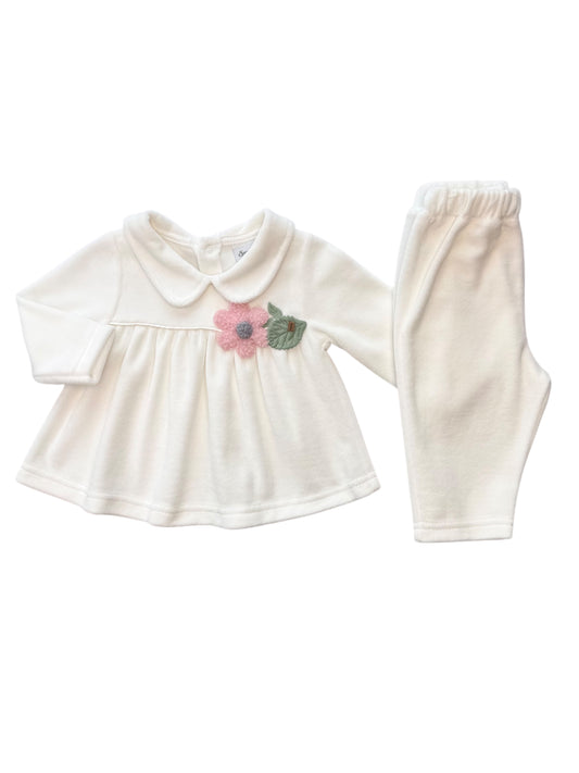 Baby Setje Meisje – 2-delig – Zacht Fluwelen Stof – Bloemen Details – Wit