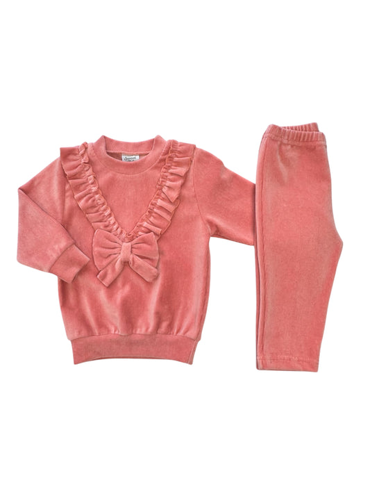 Velours Meisjes pak Roze – 2-delig Set met Ruches & Strik | Baby & Peuter Kleding
