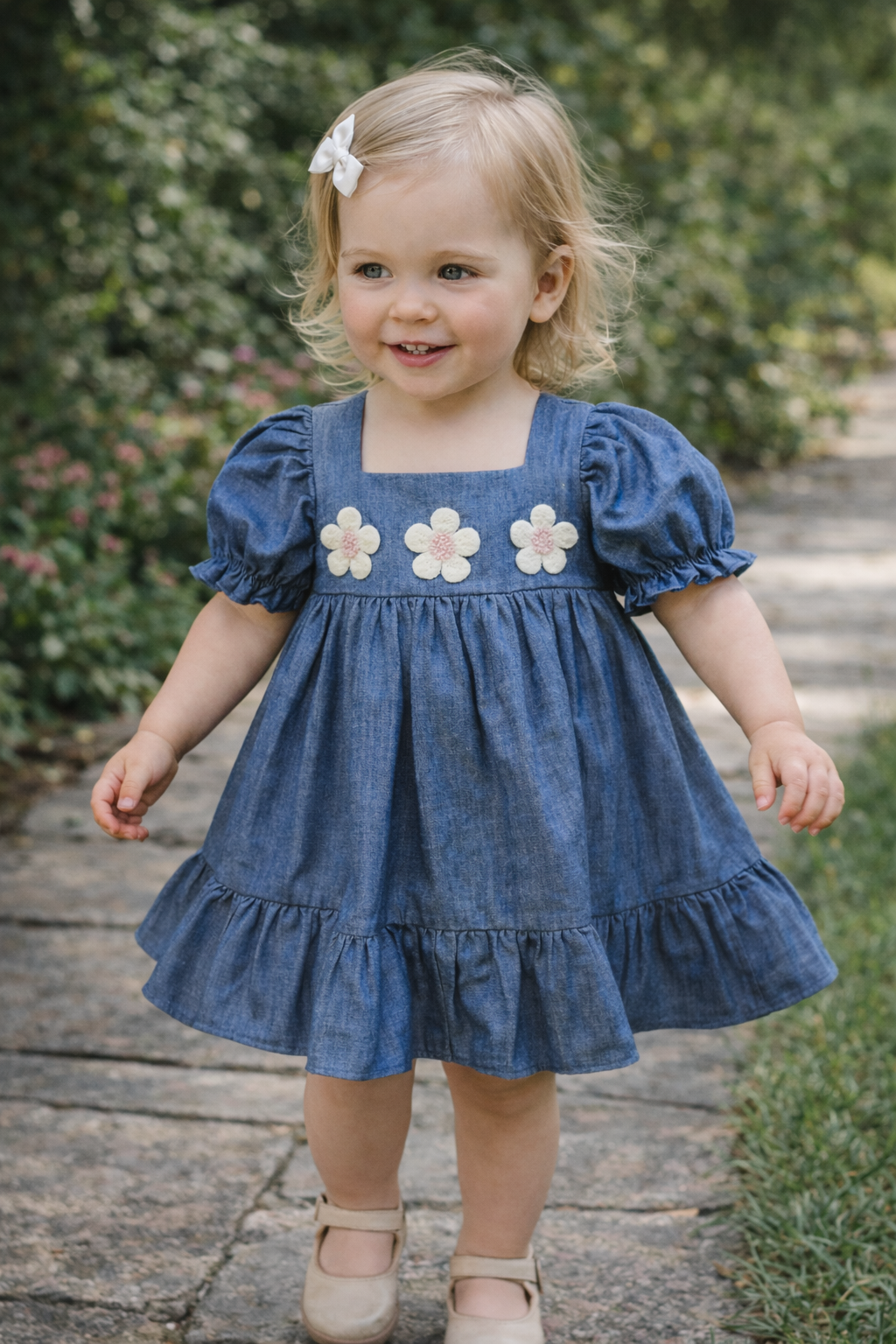 Baby Denim Jurk met Bloemen – Meisjes Jurkje met Pofmouwen en Ruches