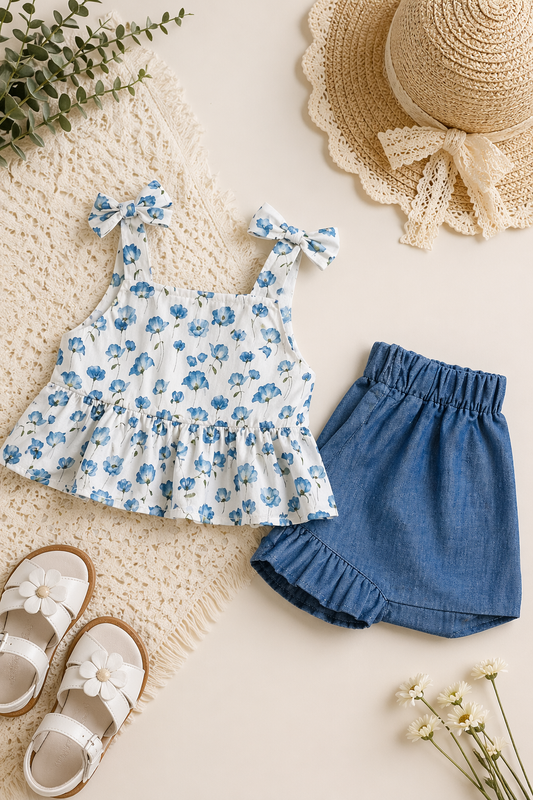 Zomerse Meisjes Set – Bloemen Top met Strikbandjes & Denim Short