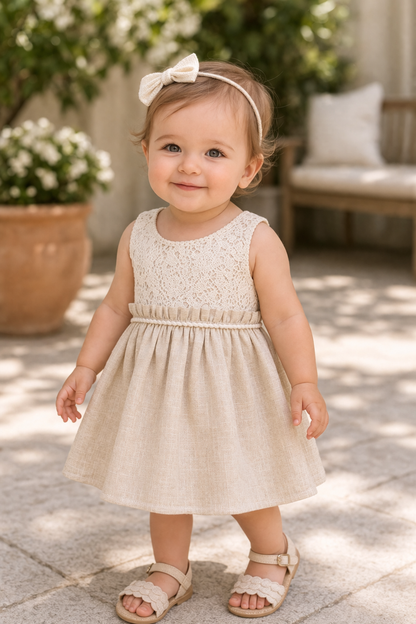 Beige Jurkje met Kant & Linnen Look | Elegant & Tijdloos voor Meisjes