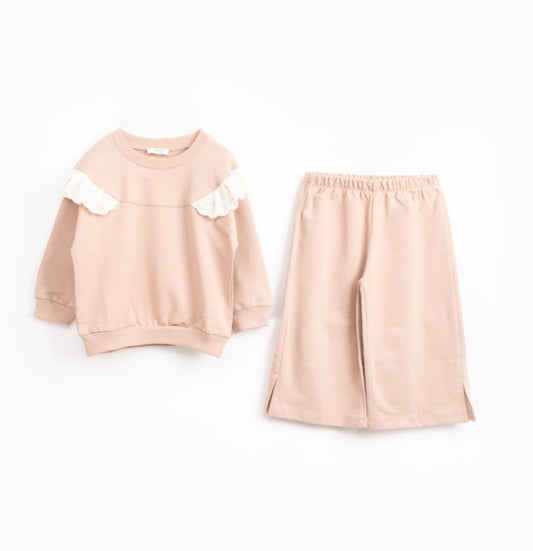 Meisjes Set – Crème Trui met Kant & Wijde Broek