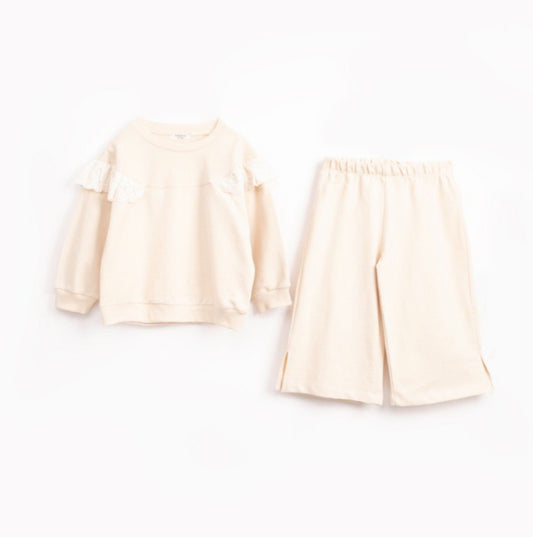 Meisjes Set – Crème Trui met Kant & Wijde Broek