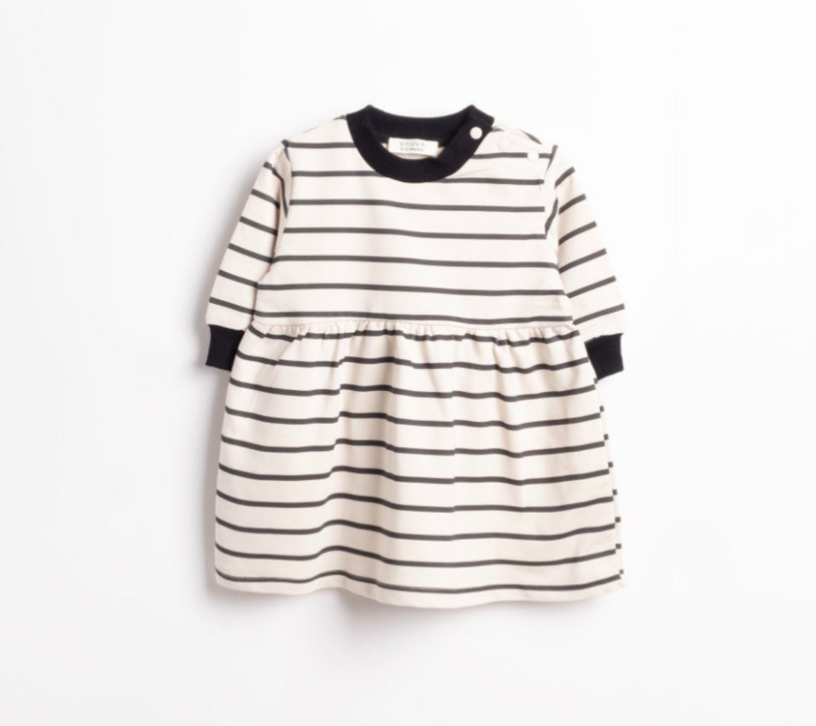 Beige - Grijs - zwart  gestreepte babyjurk met lange mouwen en rib - gebreide halsboord