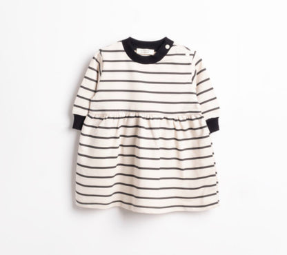 Beige - Grijs - zwart  gestreepte babyjurk met lange mouwen en rib - gebreide halsboord