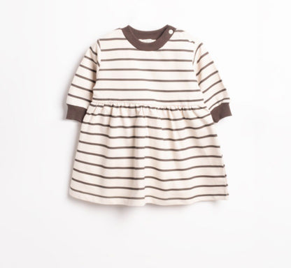 Beige - Grijs - zwart  gestreepte babyjurk met lange mouwen en rib - gebreide halsboord