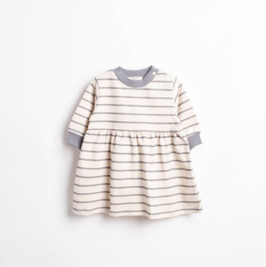Beige - Grijs - zwart  gestreepte babyjurk met lange mouwen en rib - gebreide halsboord