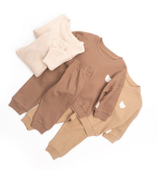Baby- Kinder  waffle set , donker beige - 2 delig Set