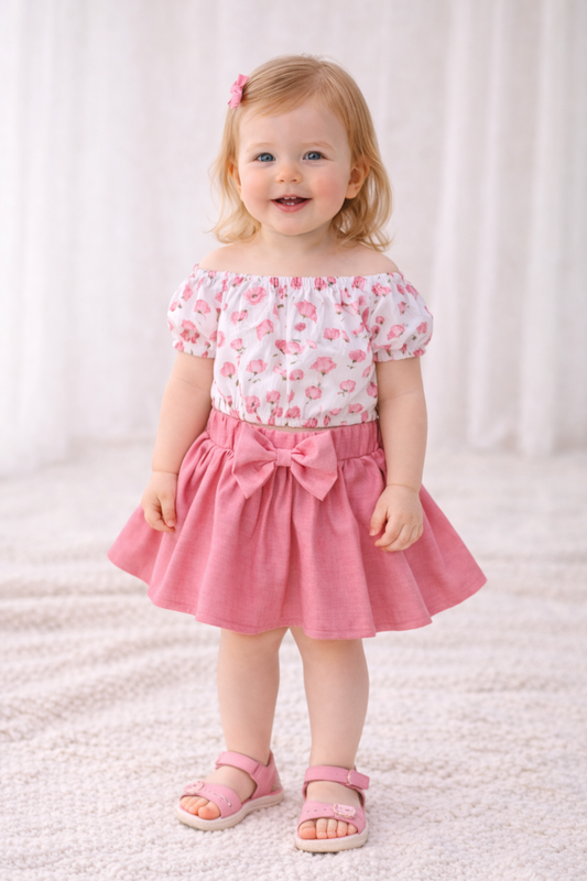 Meisjes Zomer Set met Bloemen Top en Roze Rok – 2-delige Kinder Outfit