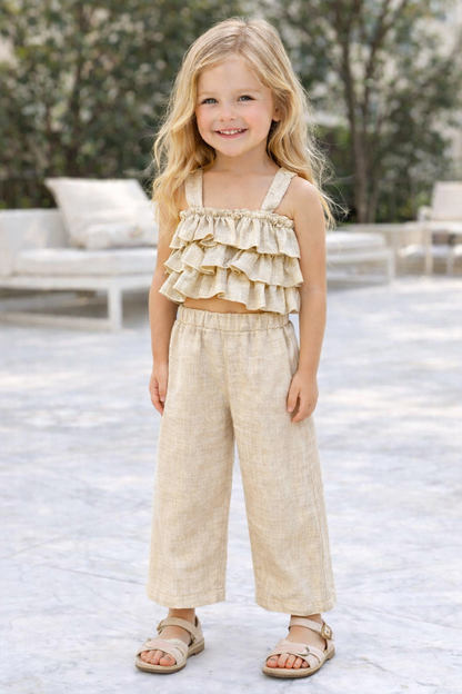 Beige Linnen Look Set – Top met Ruffles
